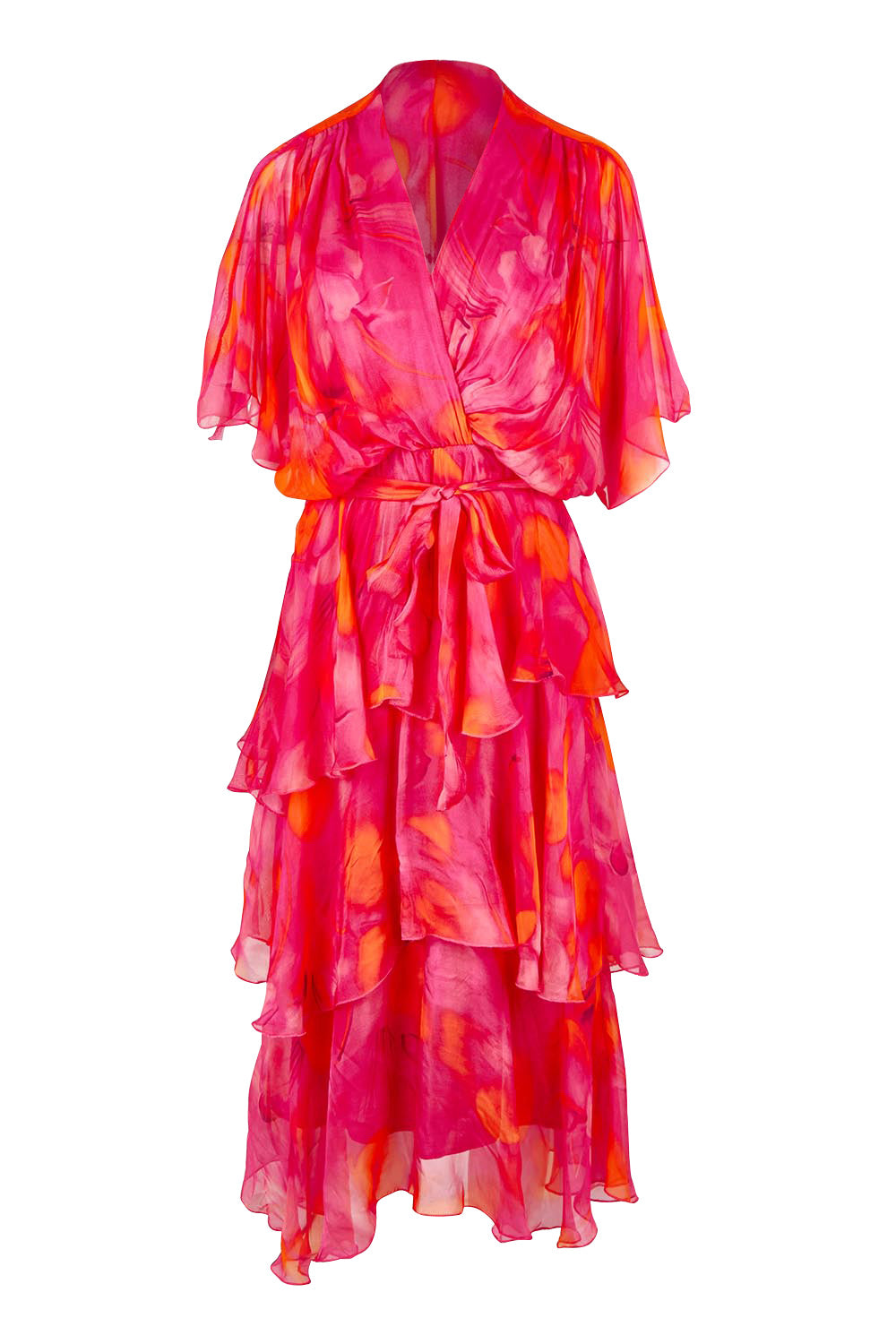 Product shot of the Short Sleeve Silk Blend Print Dress in colour Orangepink (Pink), from the front
