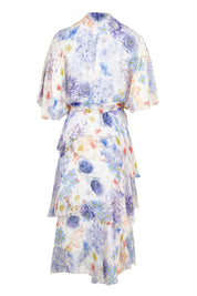 Product shot of the Frill Sleeve Silk Blend Print Dress in colour Jacaranda (White), from the back