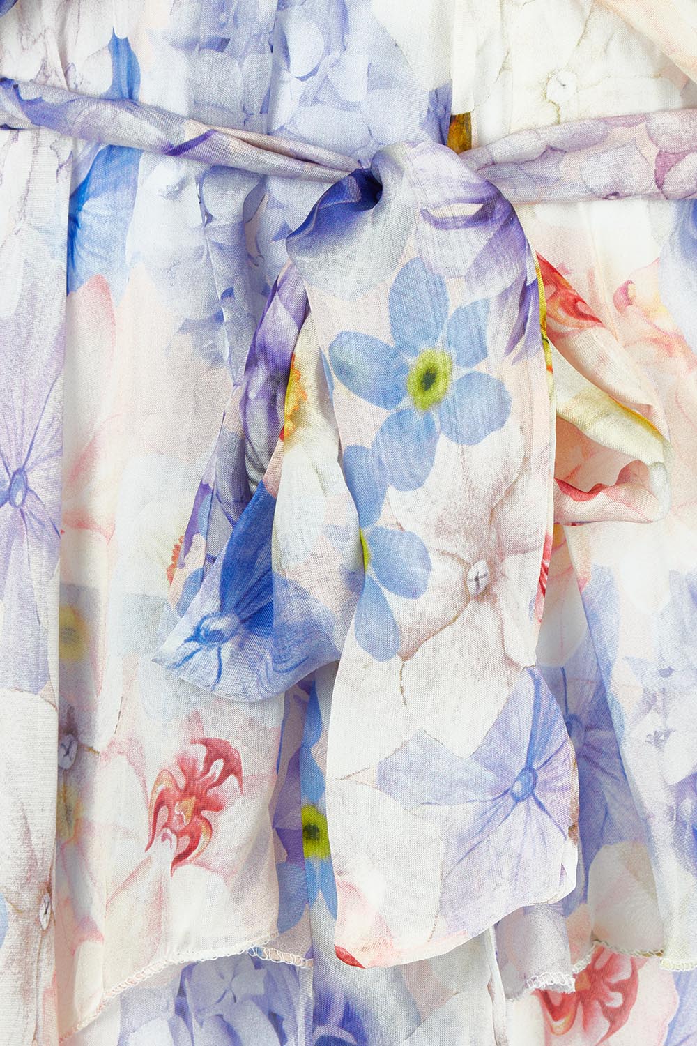 Product shot of the Frill Sleeve Silk Blend Print Dress in colour Jacaranda (White), detail