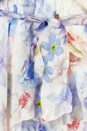 Product shot of the Frill Sleeve Silk Blend Print Dress in colour Jacaranda (White), detail