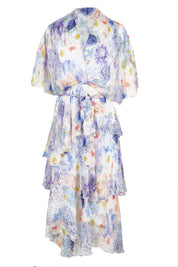 Product shot of the Frill Sleeve Silk Blend Print Dress in colour Jacaranda (White), from the front