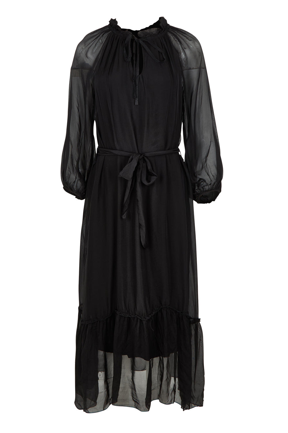 Product shot of the Long Sleeve Silk Frill Tied Neck Dress in colour Black (Black), from the front
