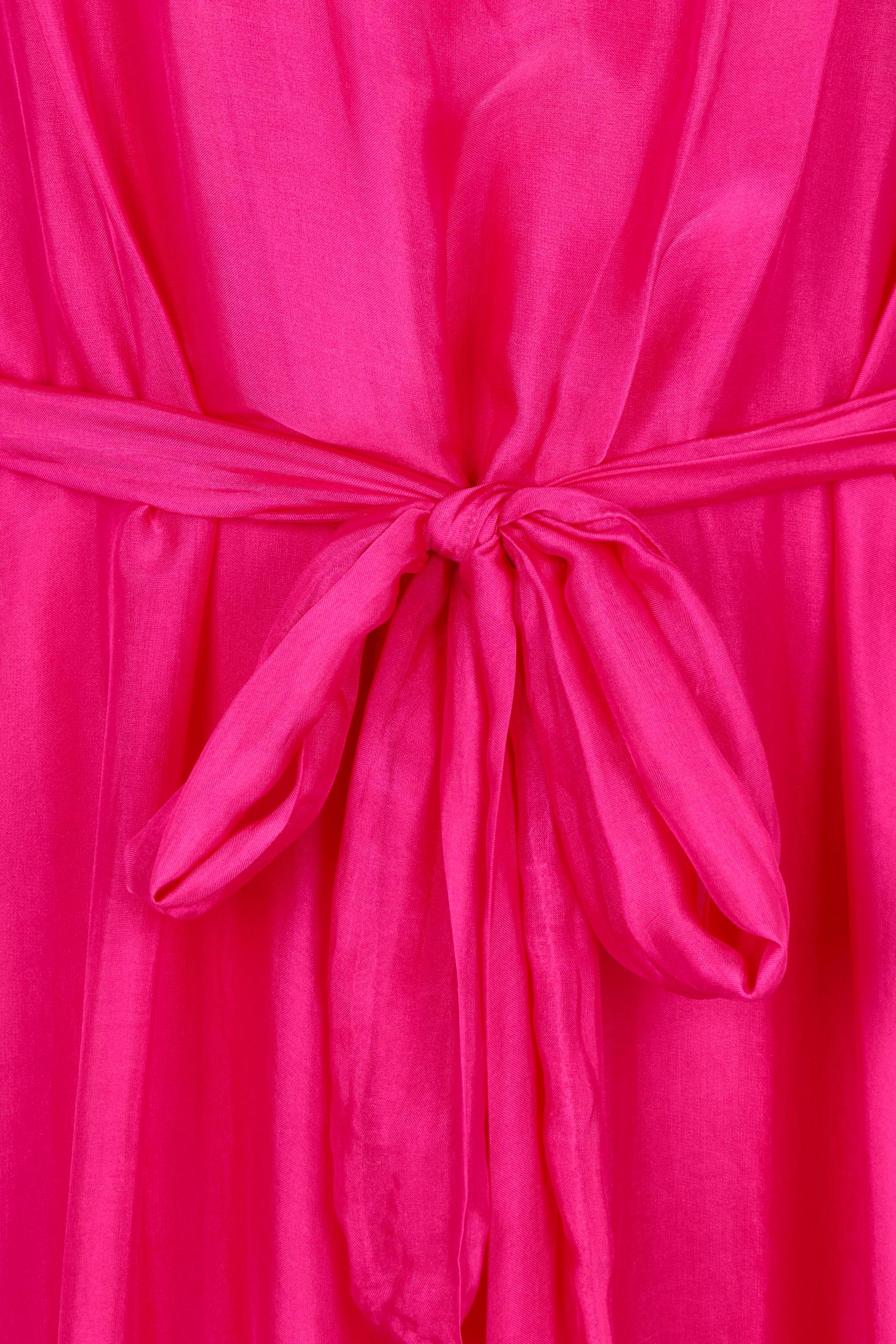 Product shot of the Long Sleeve Silk Frill Tied Neck Dress in colour Raspberry (Pink), detail
