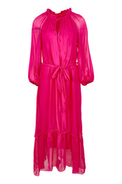 Product shot of the Long Sleeve Silk Frill Tied Neck Dress in colour Raspberry (Pink), from the front