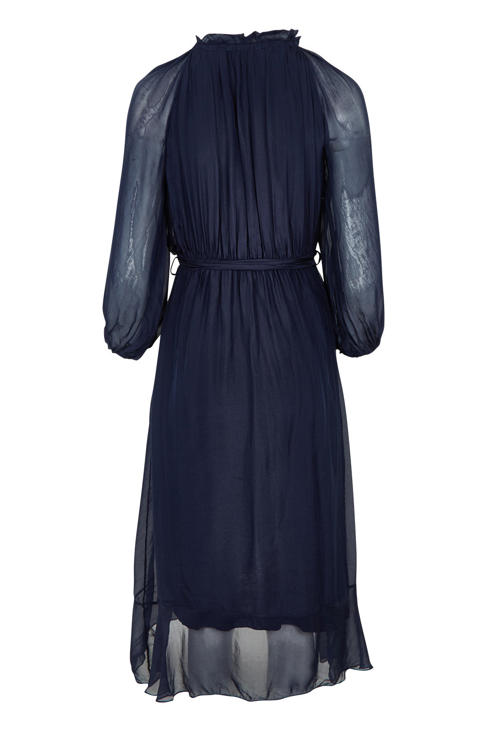 Product shot of the Long Sleeve Silk Frill Tied Neck Knee Length Dress in colour Navy (Blue), from the back