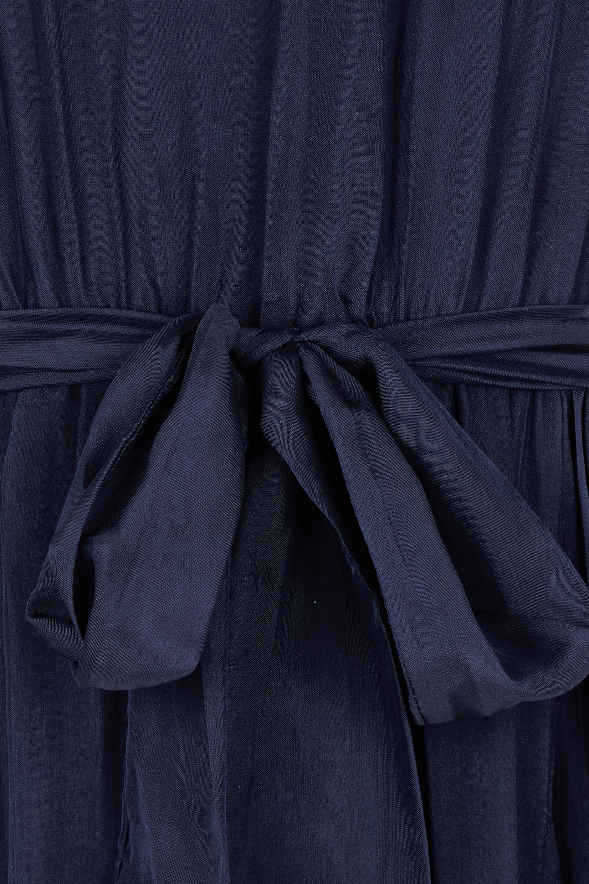 Product shot of the Long Sleeve Silk Frill Tied Neck Knee Length Dress in colour Navy (Blue), detail