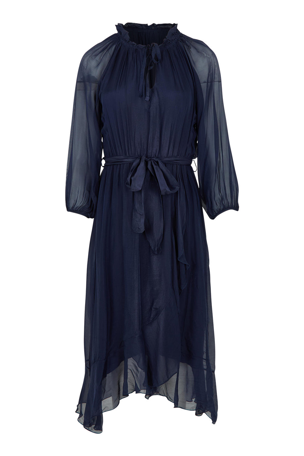 Product shot of the Long Sleeve Silk Frill Tied Neck Knee Length Dress in colour Navy (Blue), from the front