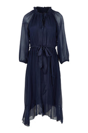 Product shot of the Long Sleeve Silk Frill Tied Neck Knee Length Dress in colour Navy (Blue), from the front