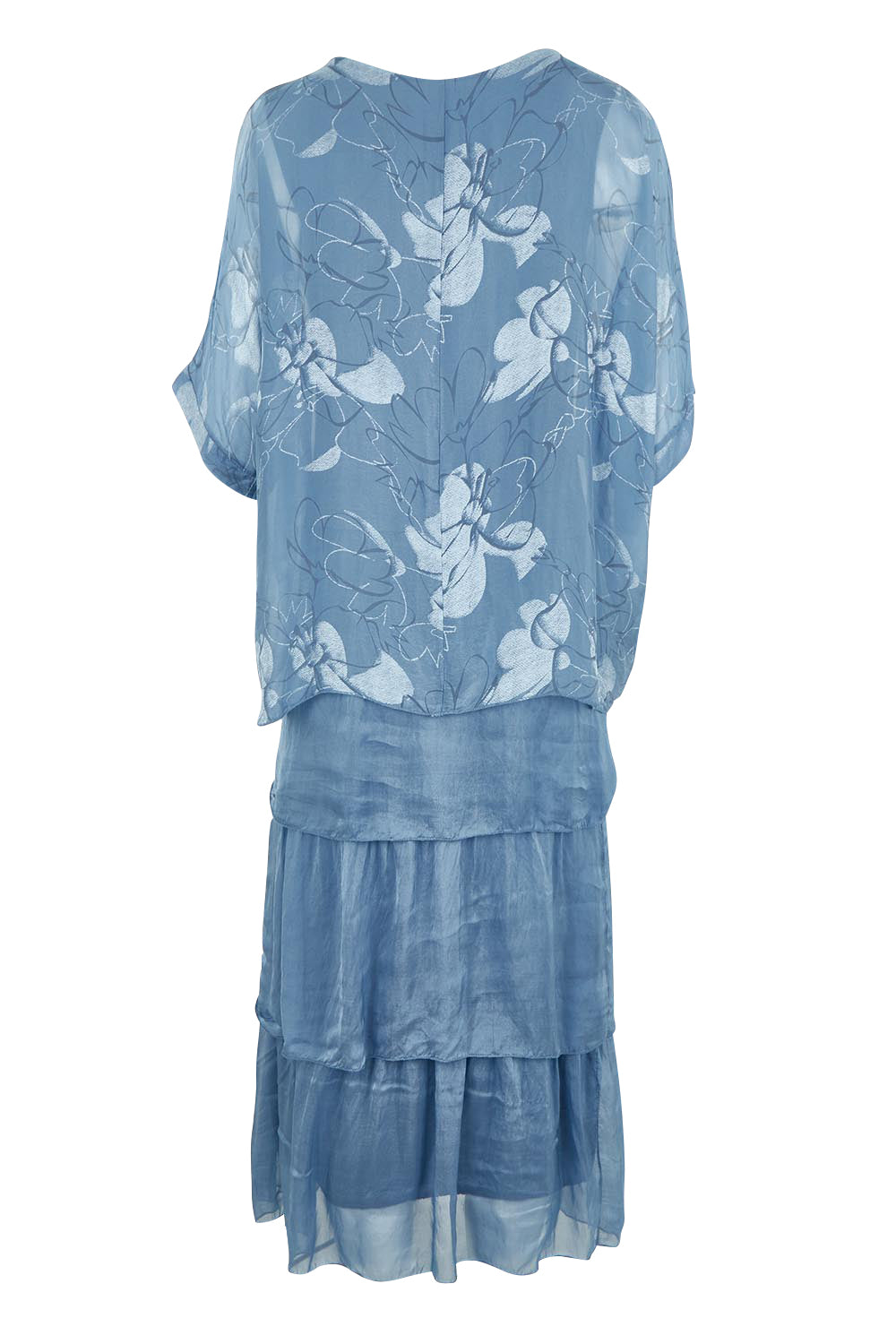 Product shot of the Multi Layer Silk Blend Print Dress in colour Jeansprint (Blue), from the back