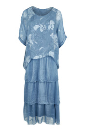 Product shot of the Multi Layer Silk Blend Print Dress in colour Jeansprint (Blue), from the front
