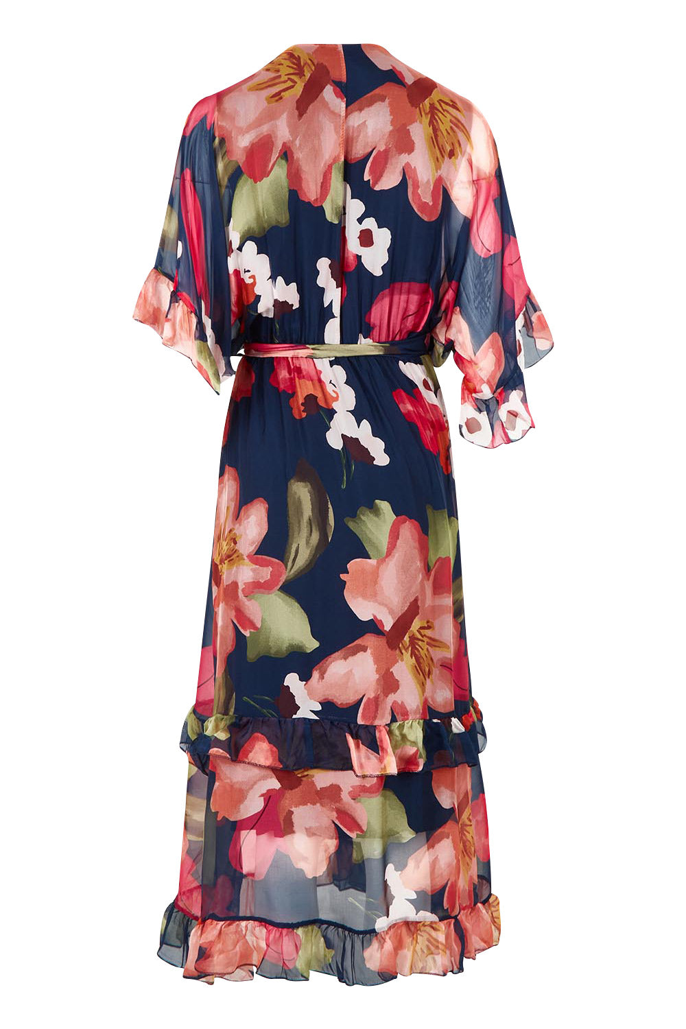 Product shot of the Frill Sleeve Silk Blend Print Dress in colour Navyprint (Blue), from the back