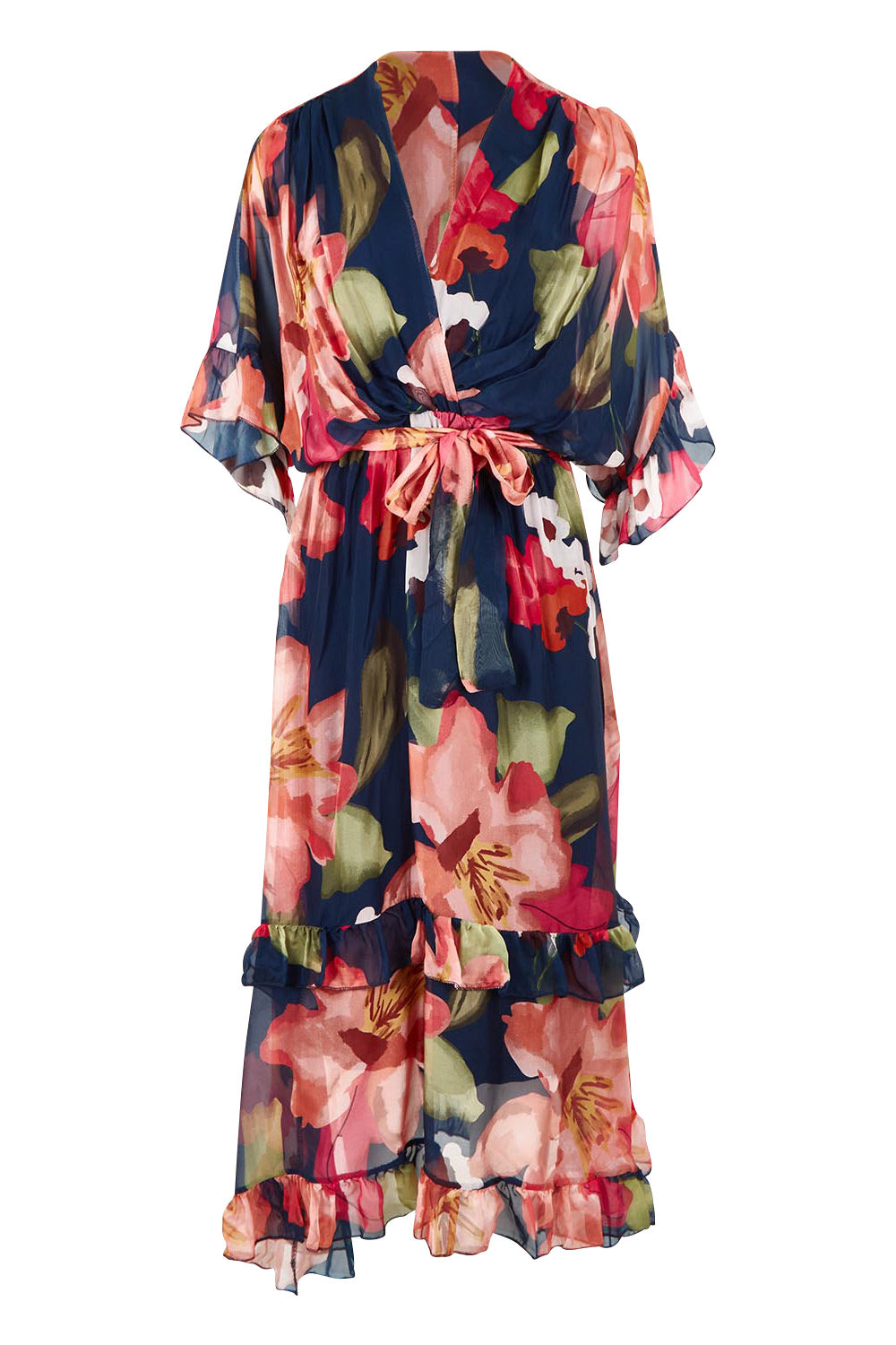 Product shot of the Frill Sleeve Silk Blend Print Dress in colour Navyprint (Blue), from the front