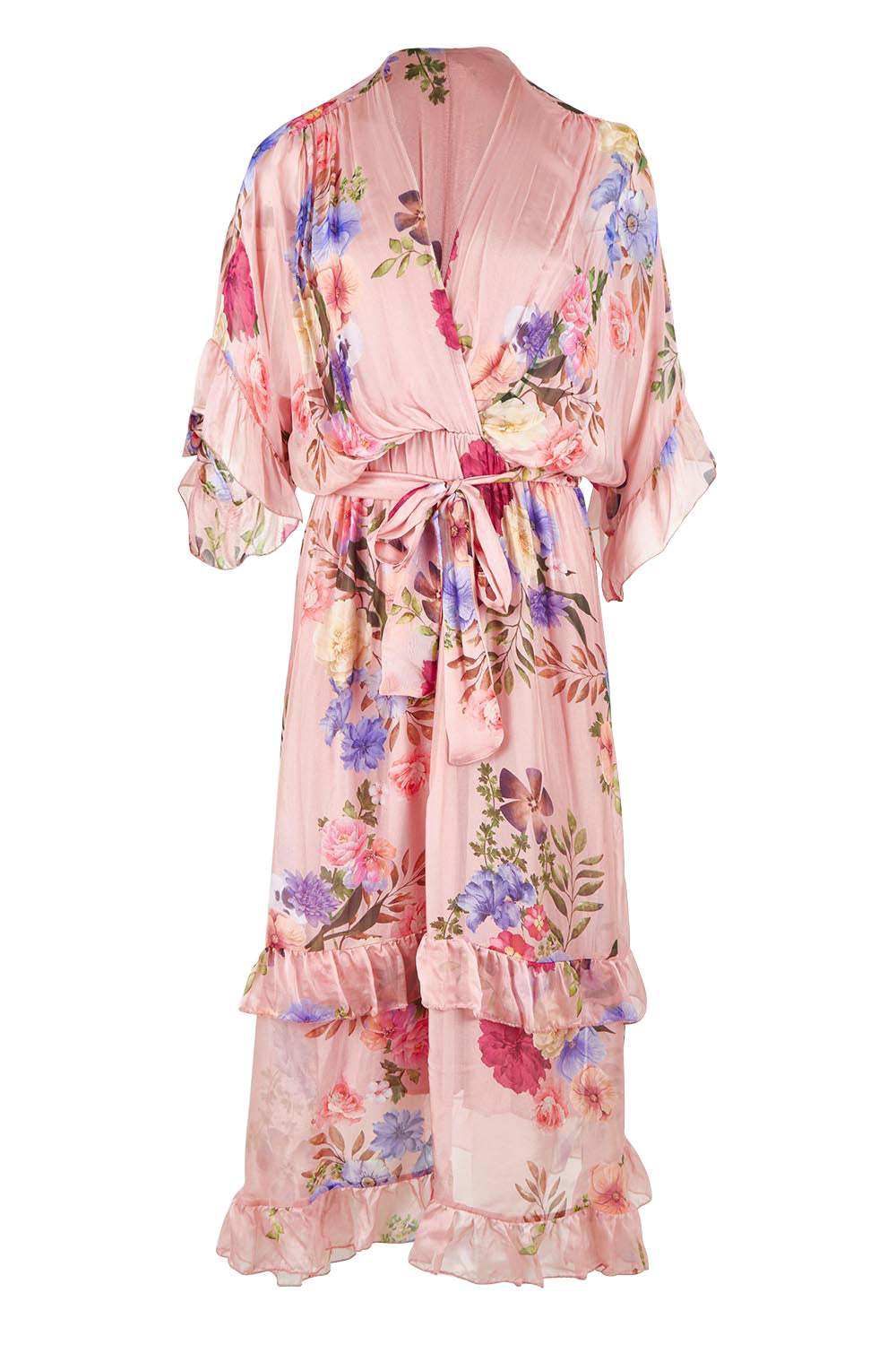 Product shot of the Frill Sleeve Silk Blend Print Dress in colour Rosapink (Pink), from the front