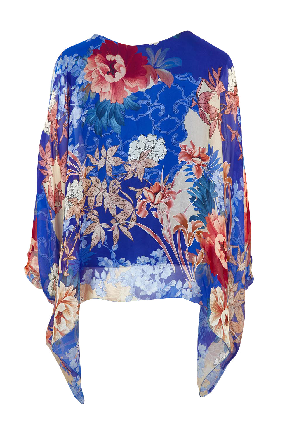 Product shot of the Silk Kaftan Top in colour Bluefloral (Blue), from the back