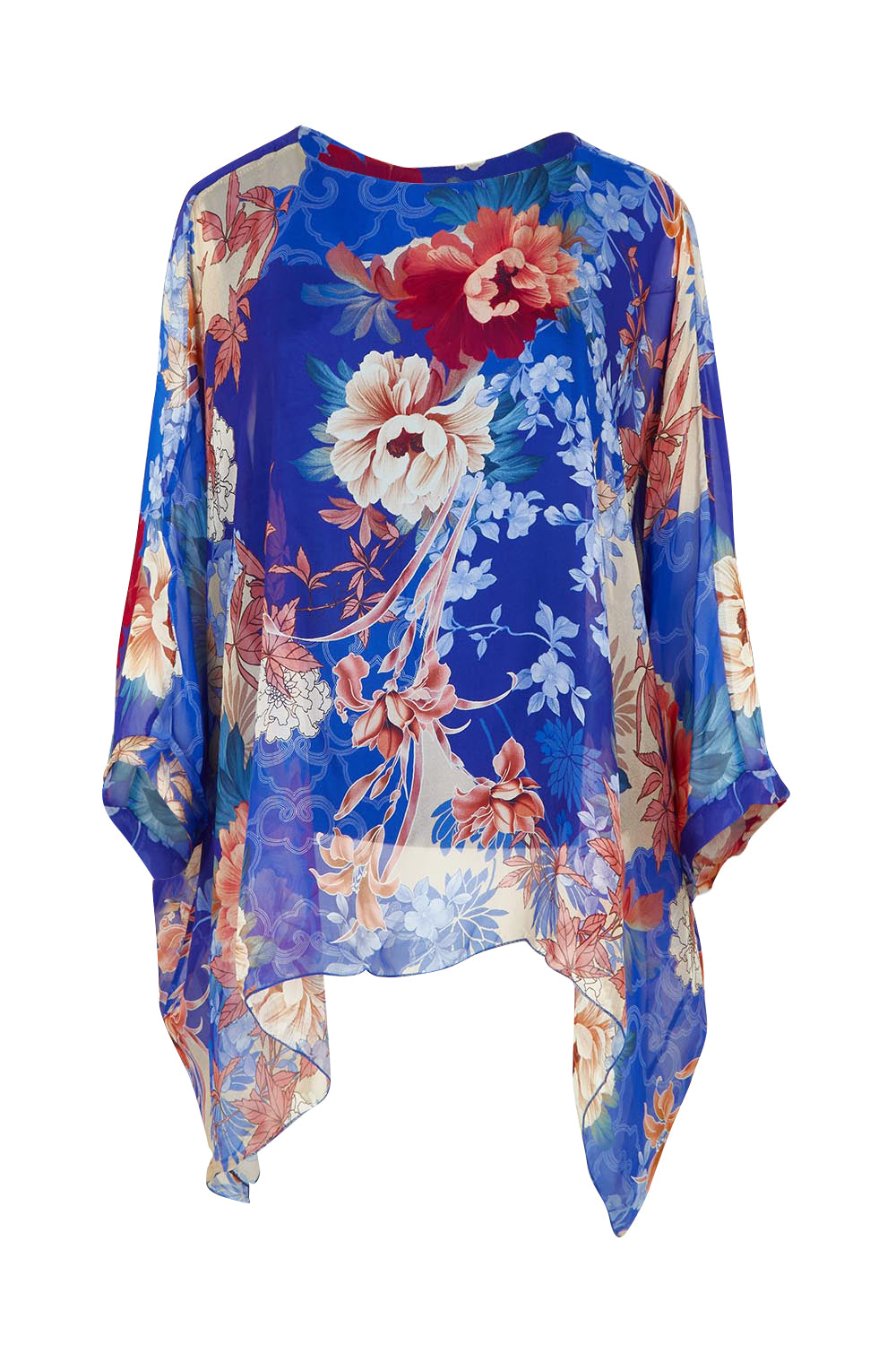 Product shot of the Silk Kaftan Top in colour Bluefloral (Blue), from the front