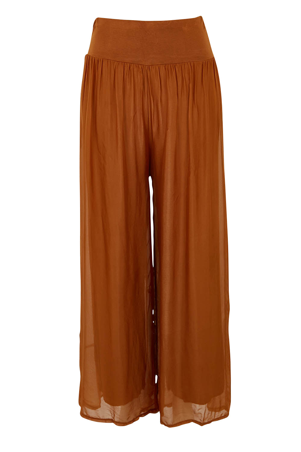 Product shot of the Silk Pant in colour Goldbrown (Metallics), from the front