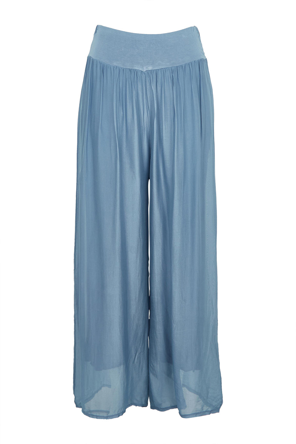 Product shot of the Silk Pant in colour Jeans (Blue), from the front