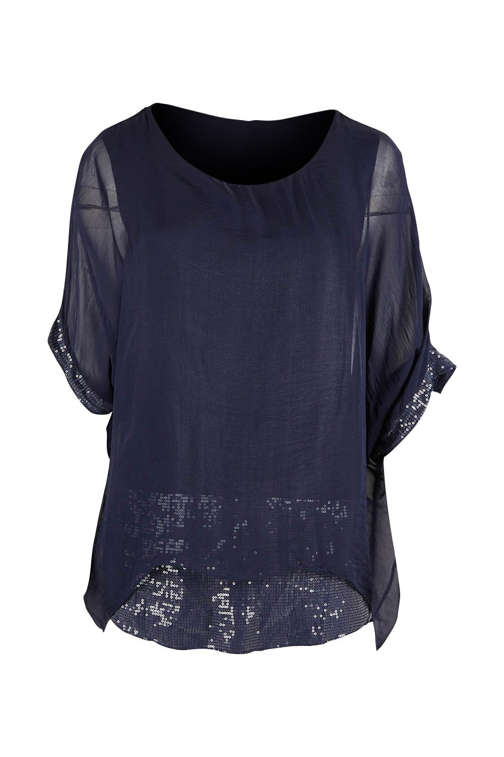Product shot of the Silk Sequin Top in colour Navy (Blue), from the front