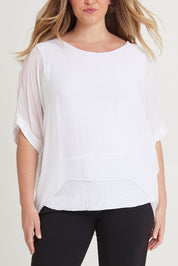 Model Chanel wearing the Silk Sequin Top in colour White (White), from the front, cropped image