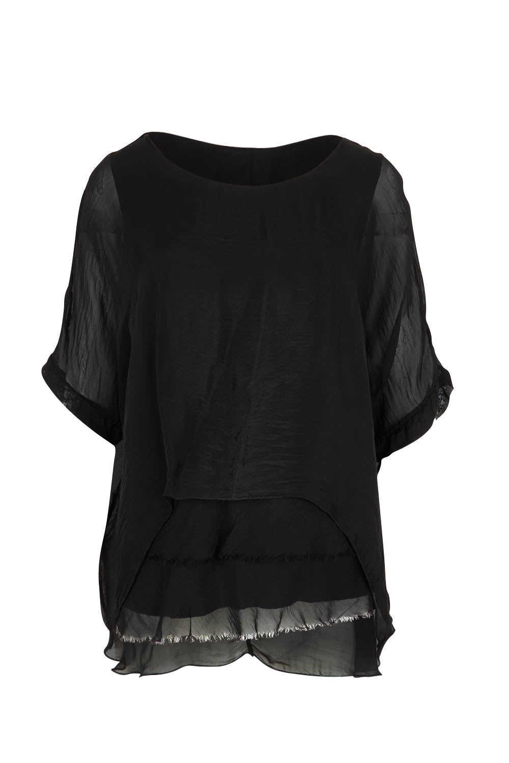 Product shot of the Silk Blend Three Layer Raw Edge Top in colour Black (Black), from the front
