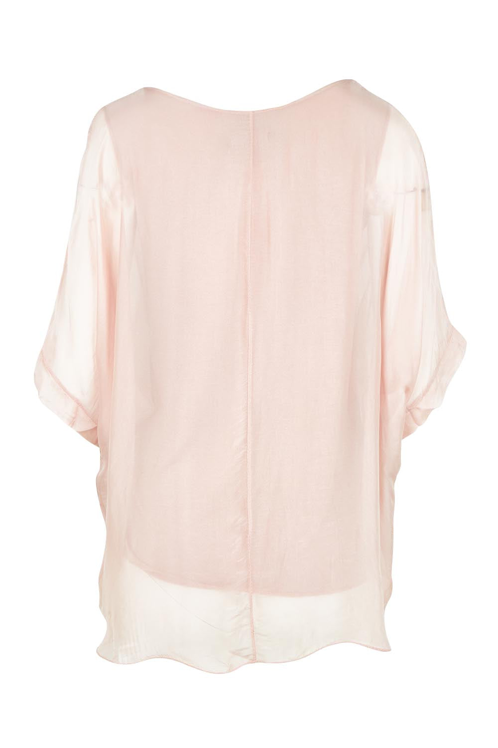 Product shot of the Silk Blend Three Layer Raw Edge Top in colour Blushpink (Pink), from the back
