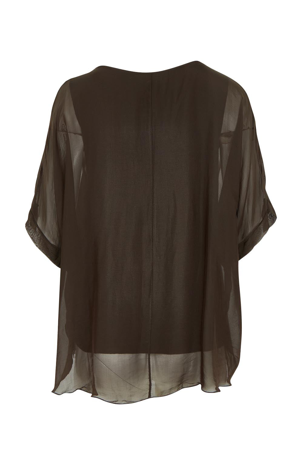 Product shot of the Silk Blend Three Layer Raw Edge Top in colour Moro, from the back