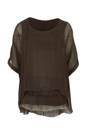 Product shot of the Silk Blend Three Layer Raw Edge Top in colour Moro, from the front