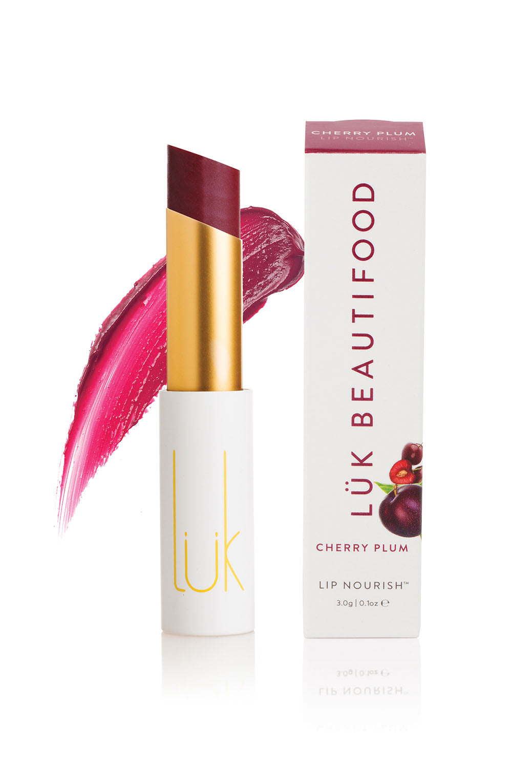 A model wearing the Cherry Plum Lip Nourish in colour Cherry (Red), from the front, showing the whole outfit