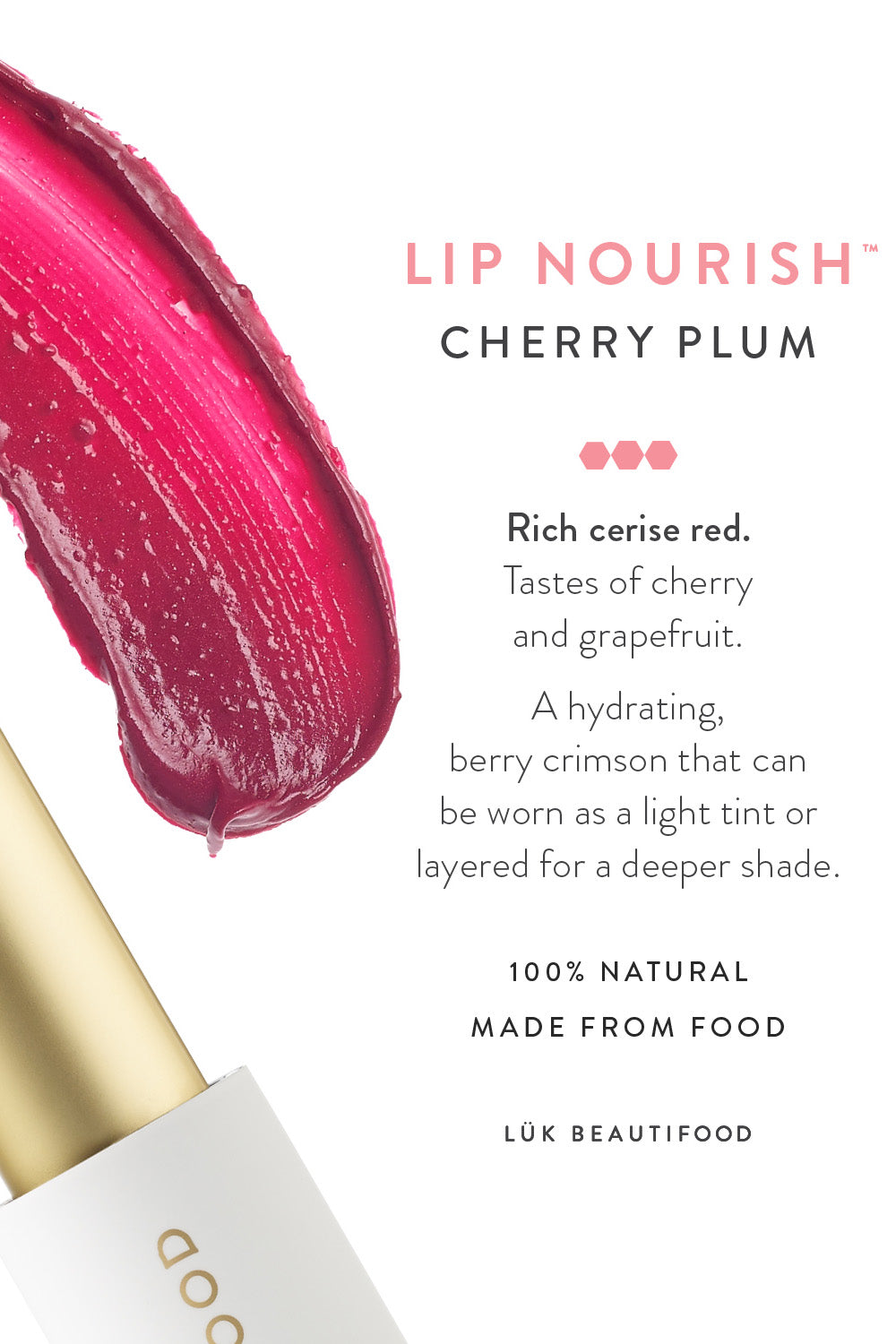 Product shot of the Cherry Plum Lip Nourish in colour Cherry (Red), detail