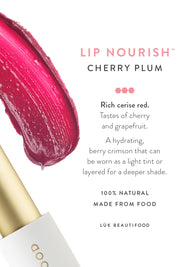 Product shot of the Cherry Plum Lip Nourish in colour Cherry (Red), detail