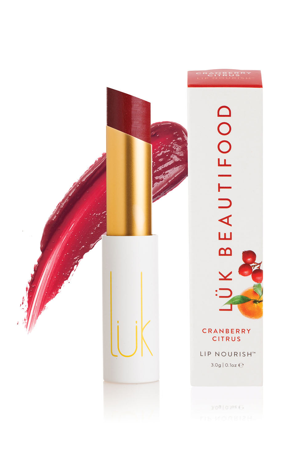 A model wearing the Cranberry Citrus Lip Nourish in colour Cranberry (Red), from the front, showing the whole outfit