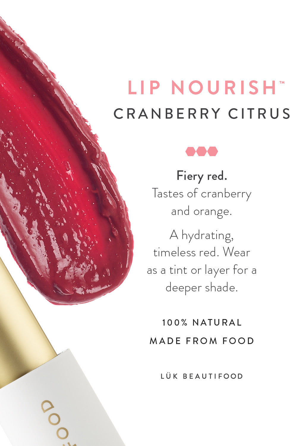 Product shot of the Cranberry Citrus Lip Nourish in colour Cranberry (Red), detail