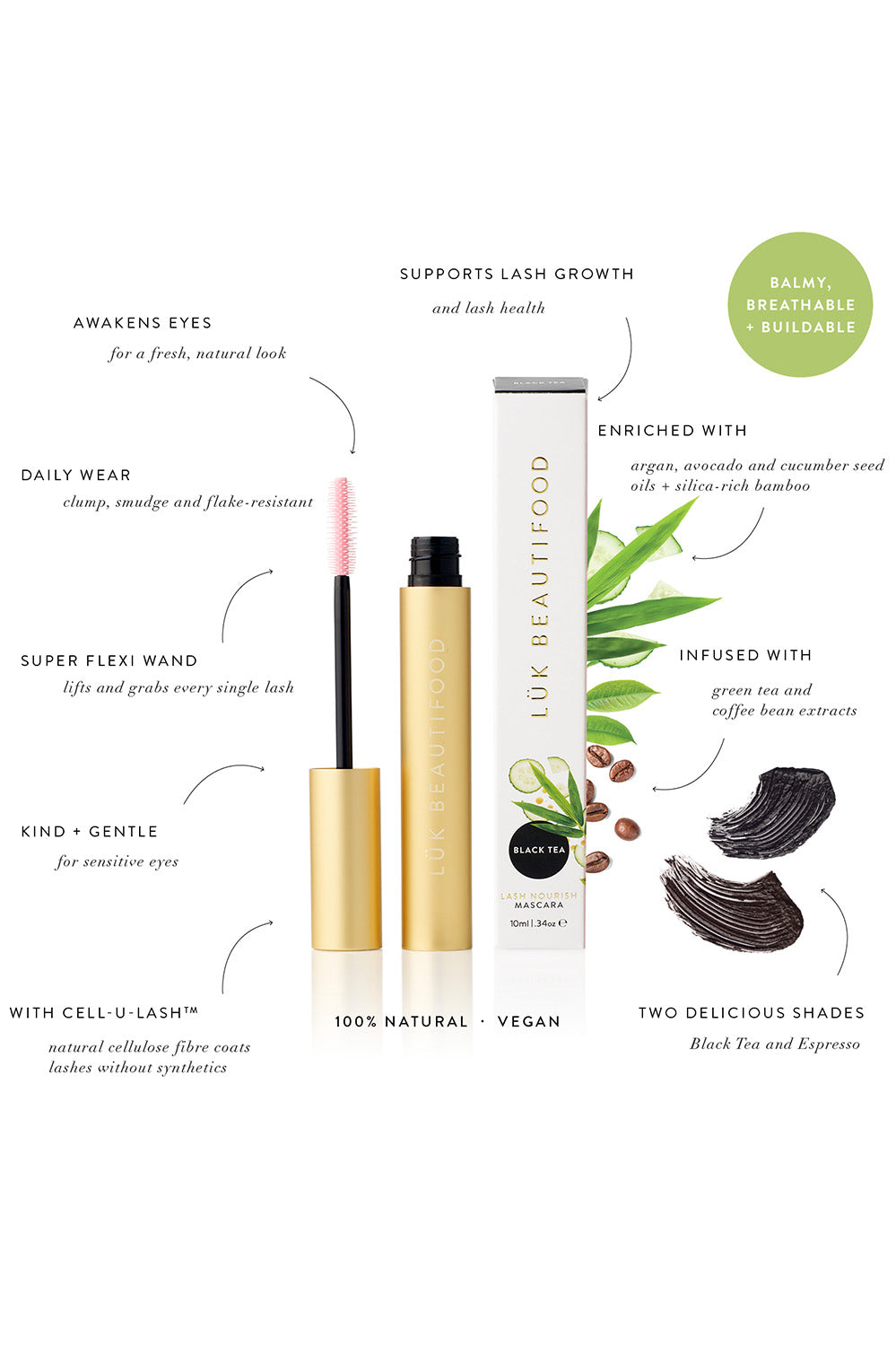 Product shot of the Lash Nourish Mascara in colour Blacktea (Black), detail