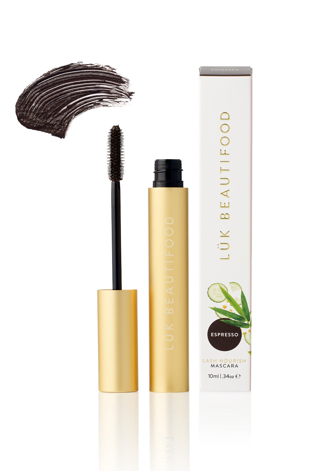 Product shot of the Lash Nourish Mascara in colour Espresso, from the front