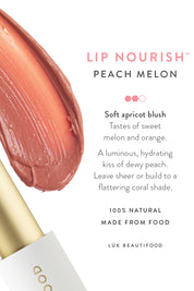 Product shot of the Peach Melon Lip Nourish in colour Orange, detail