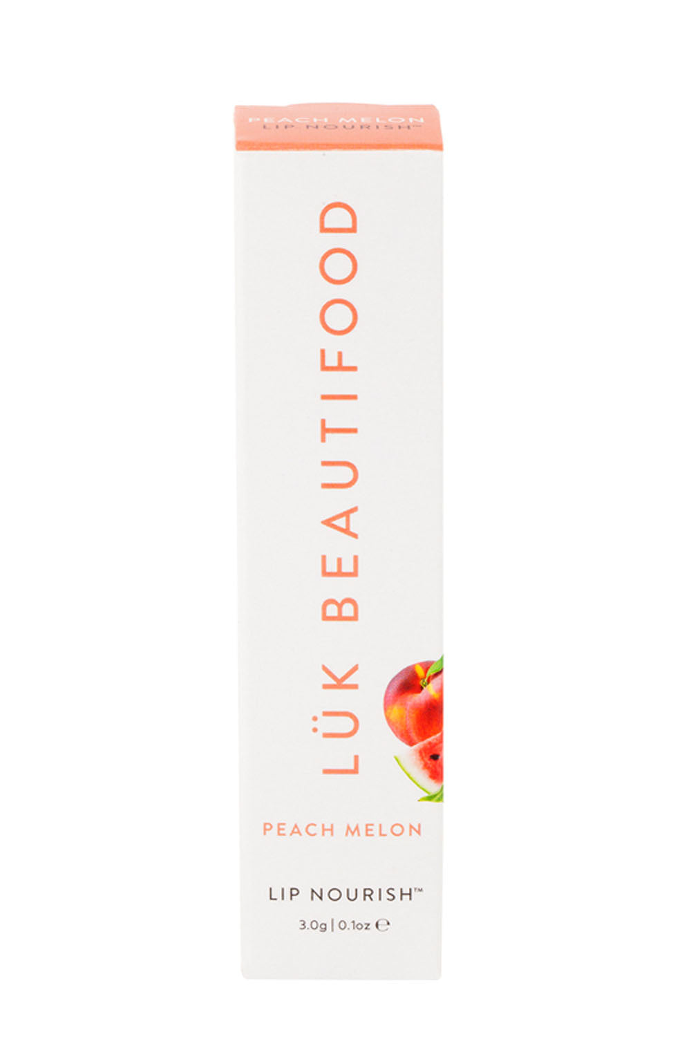 Product shot of the Peach Melon Lip Nourish in colour Orange, from the front