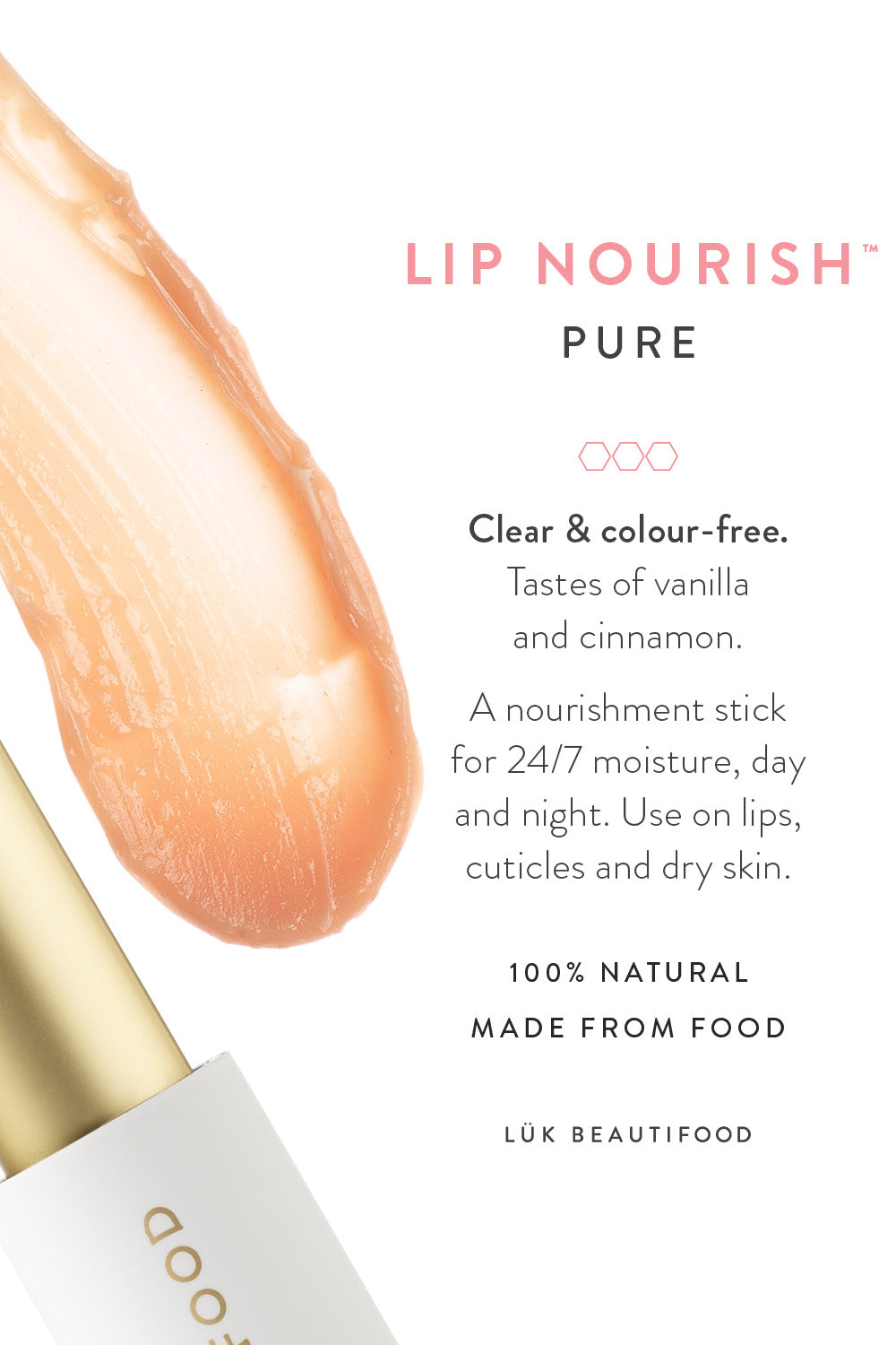 Product shot of the Pure Lip Nourish in colour Pure (Pink), detail
