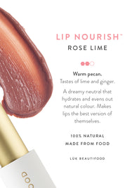 Product shot of the Rose Lime Lip Nourish in colour Rose (Pink), detail