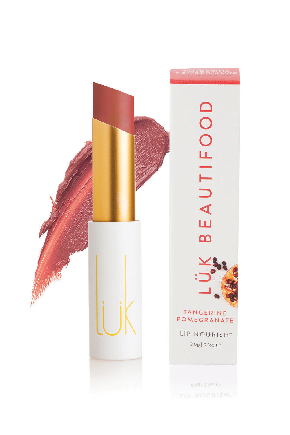 A model wearing the Tangerine Pomegranate Lip Nourish in colour Pom, from the front, showing the whole outfit