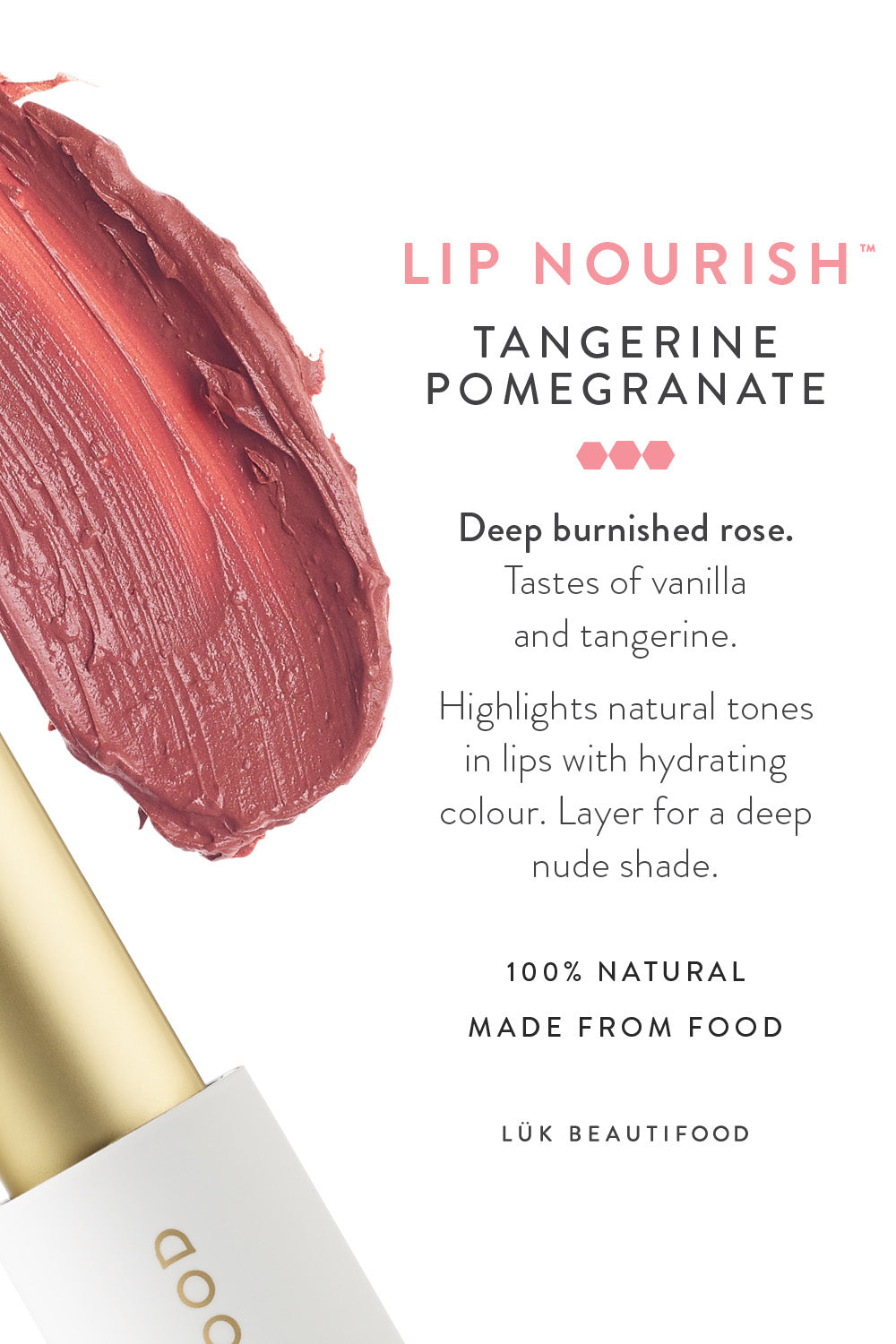 Product shot of the Tangerine Pomegranate Lip Nourish in colour Pom, detail