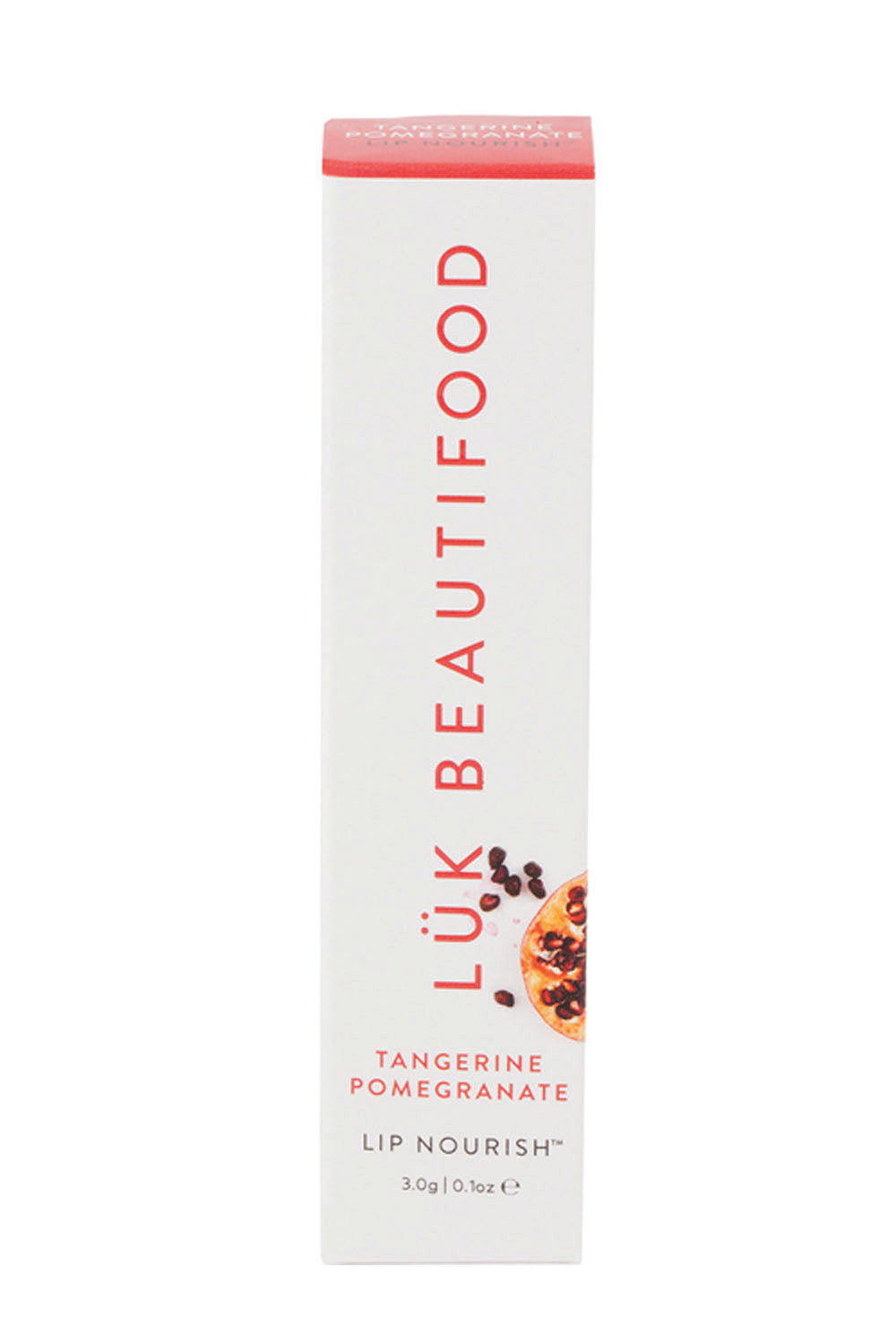 Product shot of the Tangerine Pomegranate Lip Nourish in colour Pom, from the front