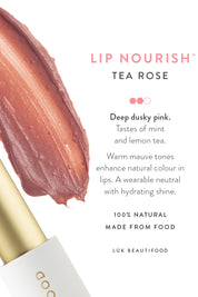 Product shot of the Tea Rose Lip Nourish in colour Rose (Pink), detail