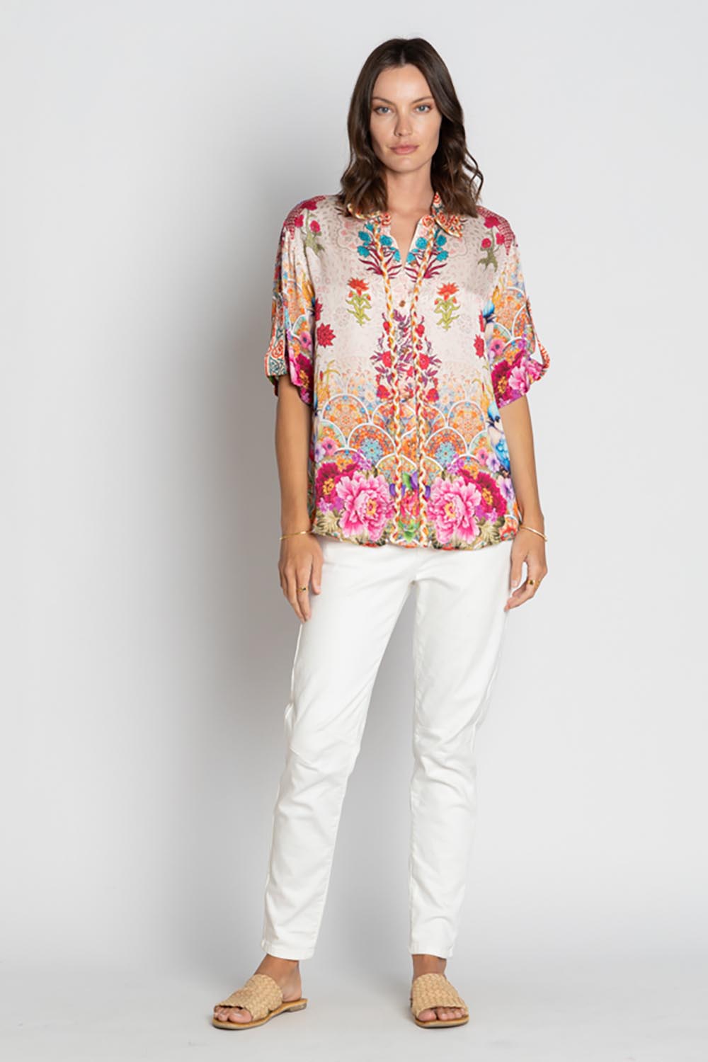 A model wearing the Baglioni Shirt in colour Print, from the front, showing the whole outfit