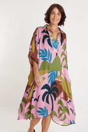 A model wearing the Banderas Modal Blend Kaftan in colour Lilac (Purple), from the front, cropped image