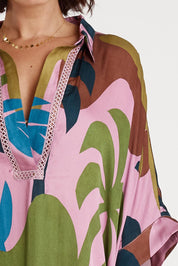 A model wearing the Banderas Modal Blend Kaftan in colour Lilac (Purple), from the front, cropped image