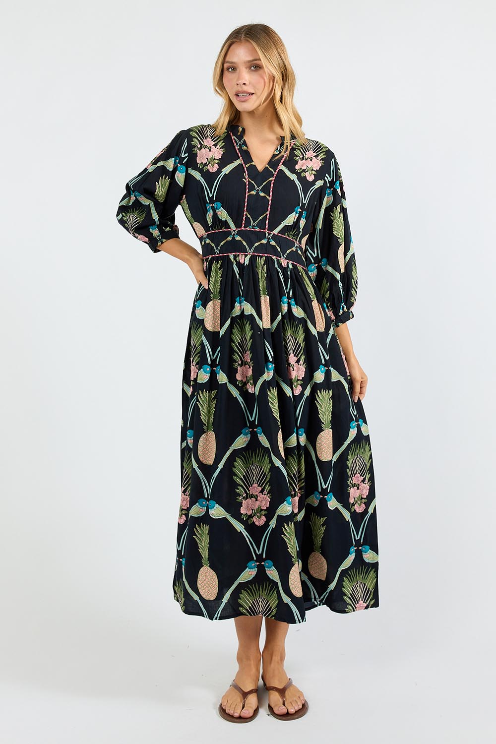 Model Genericm wearing size sample of the Beaumont Midi Dress – Navy in colour Navy, from the front