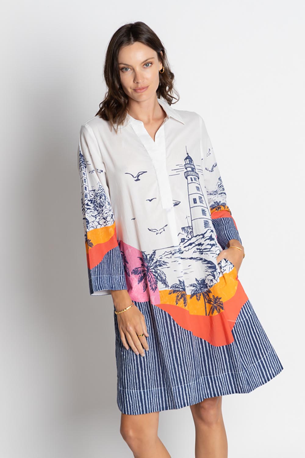 A model wearing the Byron Cotton Shirtmaker Dress in colour Print, from the front, cropped image