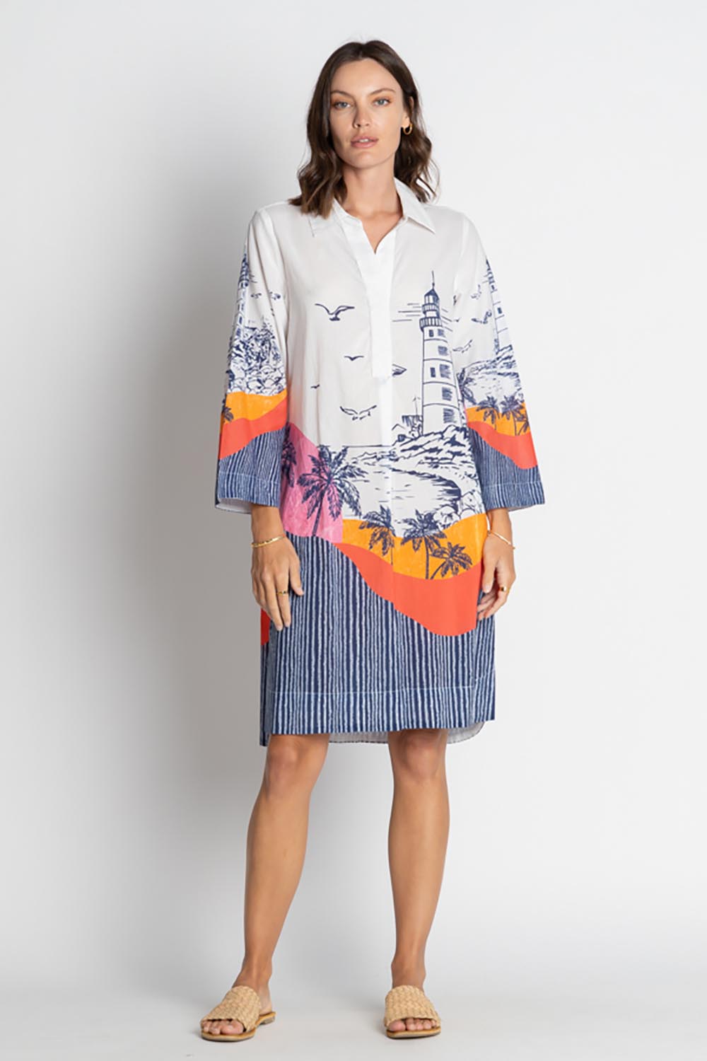 A model wearing the Byron Cotton Shirtmaker Dress in colour Print, from the front, showing the whole outfit