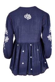 Product shot of the Drew Top in colour Navy (Blue), from the back
