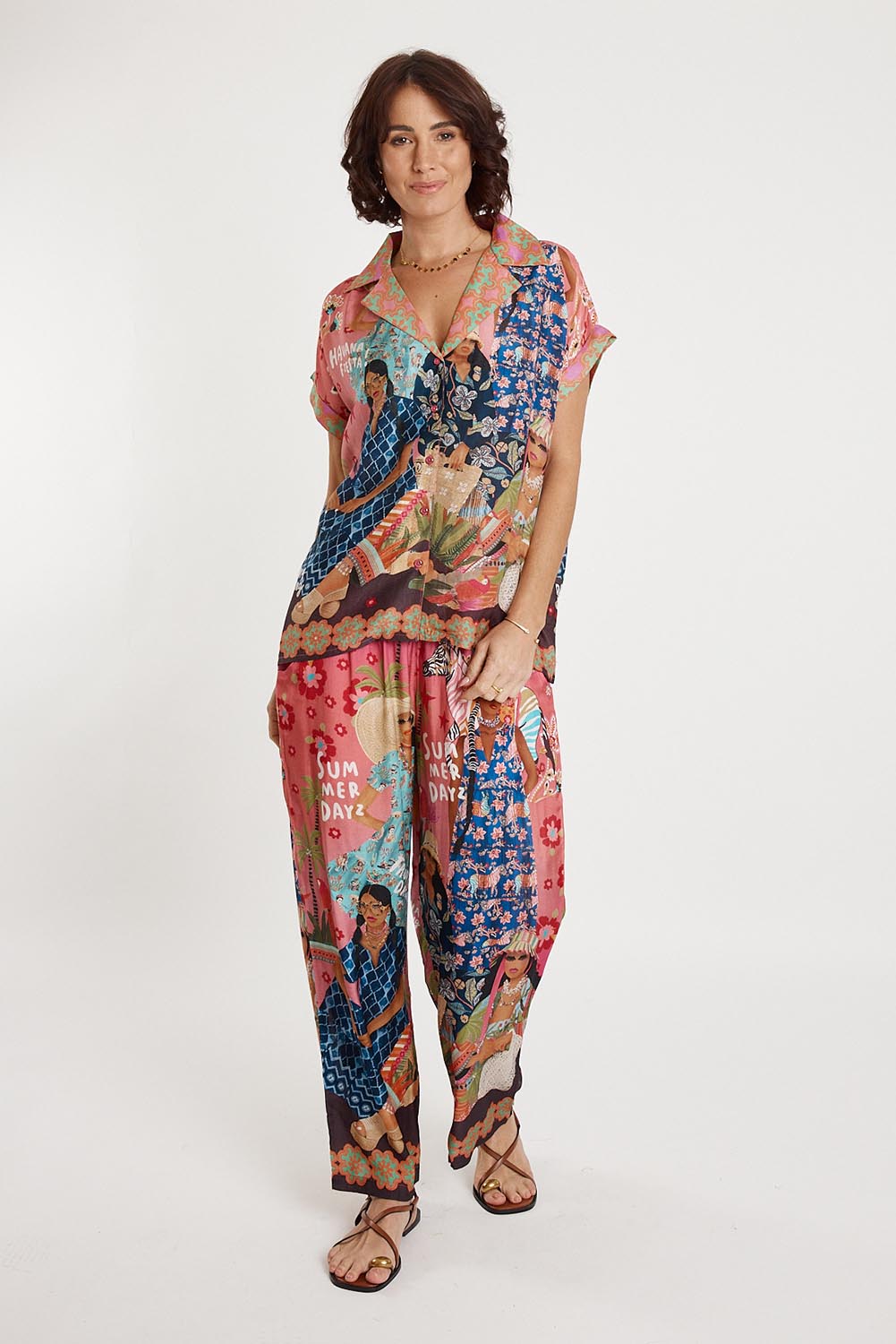 A model wearing the Fiesta Modal Blend Shirt in colour Print, from the front, showing the whole outfit